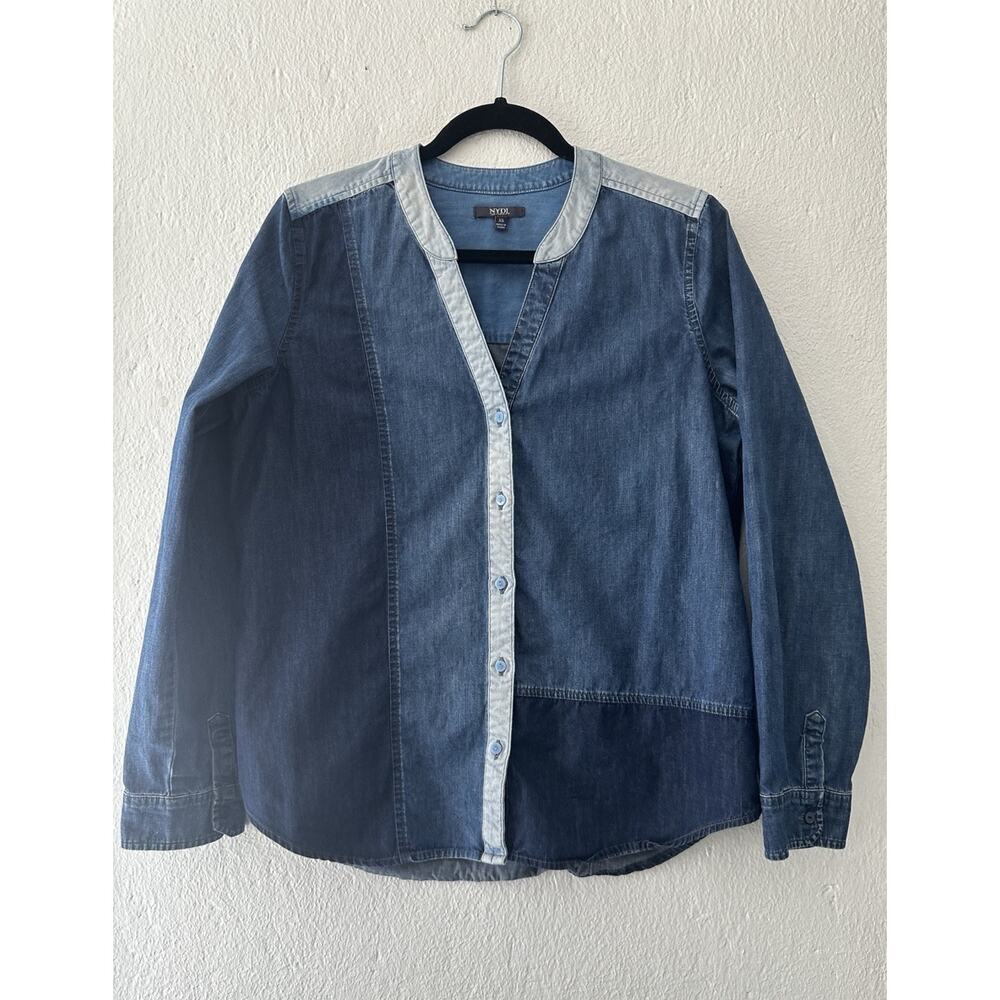 NYDJ Split Neck Button Up Chambray Colorblock Denim Button Up Shirt Womens XS